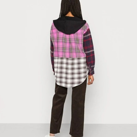 Urban Outfitters BDG Serena Spliced Flannel Plaid Button Down Hooded Shirt XS - Picture 6 of 12